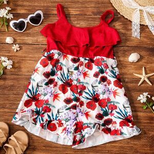Girls Floral Dress Red Ruffle Summer romper Toddler Outfit Size 3T Cute spring